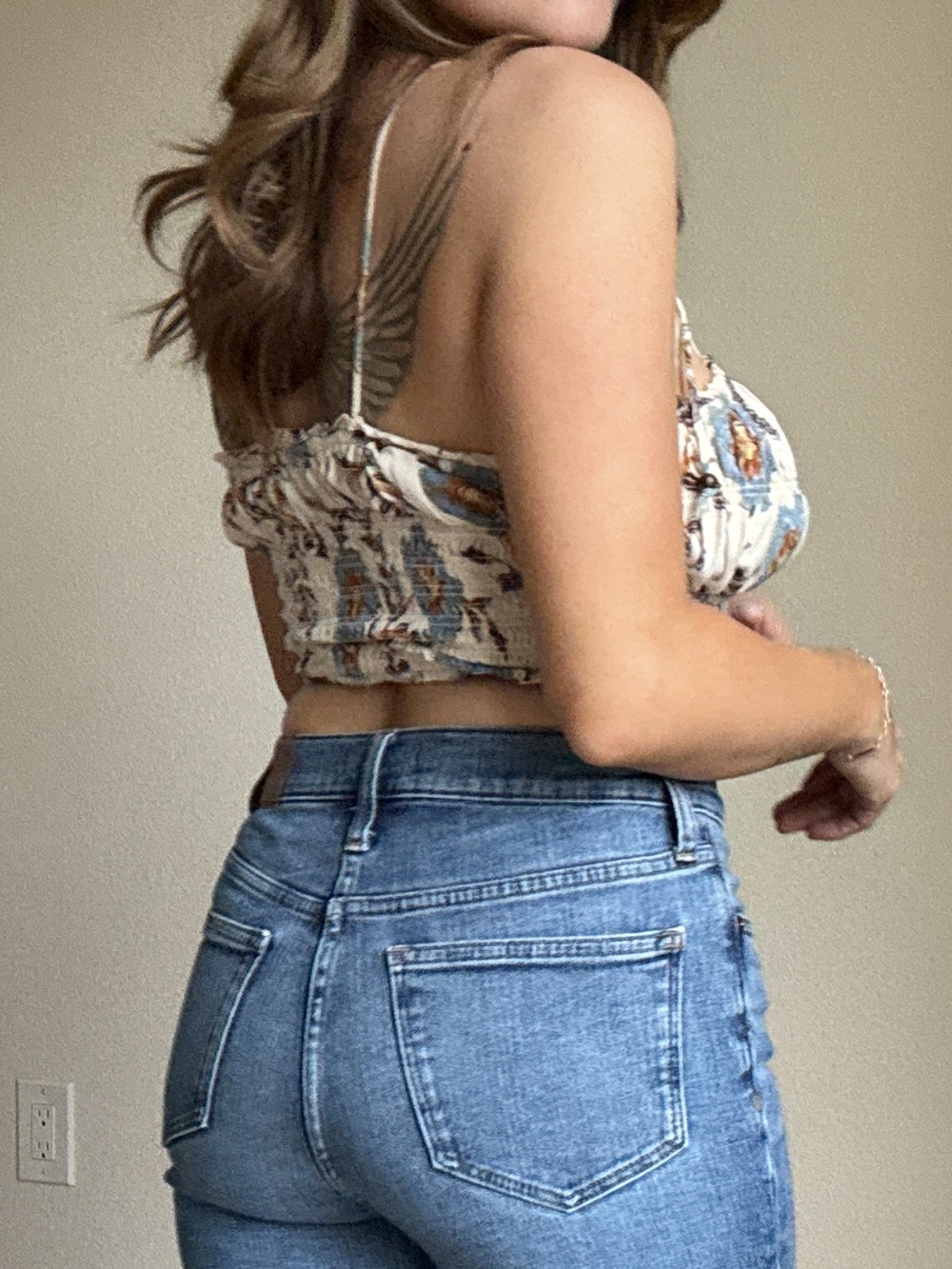Angie Cream Floral Smocked Crop Top with Blue & Rust Accents - Picture 3 of 5